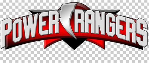 the logo for power rangers, which is red and white with silver letters ...