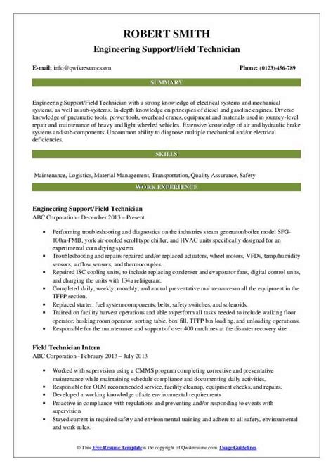 Field Technician Resume Samples | QwikResume