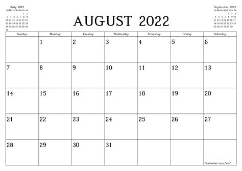 Calendar 2022 Printable Monthly August