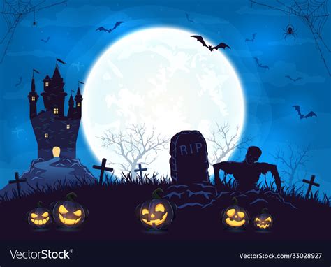 Blue halloween background with castle and pumpkins