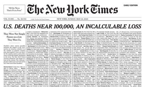 'Incalculable loss': New York Times covers front page with 1,000 Covid ...