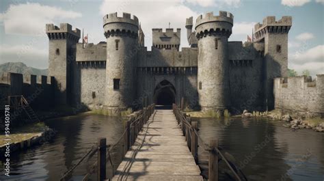 A detailed scene of a medieval castle, surrounded by a moat and tall walls, with a drawbridge ...