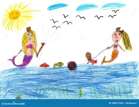 Drawing of a Cute Mermaid Swimming and Fish. Pencil Art in Childish Style Stock Illustration ...