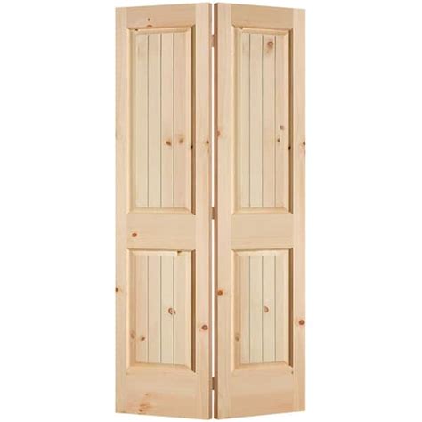 Masonite 36 in. x 80 in. 2-Panel V-Groove Solid Core Smooth Unfinished Knotty Pine Bi-fold ...