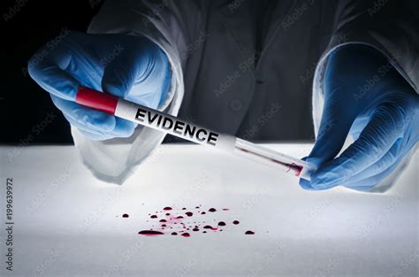 Forensic expert takes a blood sample with a sterile stick collecting evidence. Crime scene ...