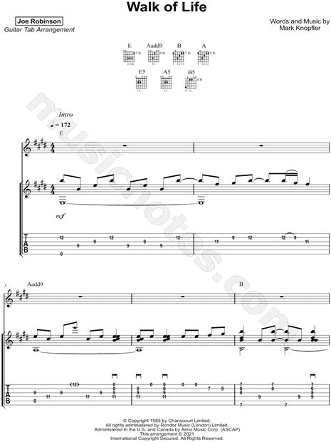 Joe Robinson "Walk of Life" Guitar Tab in E Major - Download & Print - SKU: MN0269563