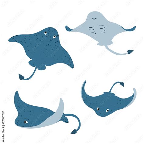 Set of cute cartoon stingrays. Vector illustration of manta ray. Stock ...