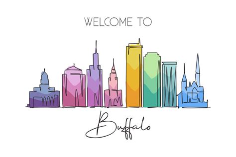 Single continuous line drawing of Buffalo city skyline, USA. Famous city scraper and landscape ...