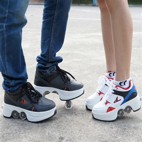 2015 cool and unique walkable skating lovers shoes straight row transformable roller skate shoes ...