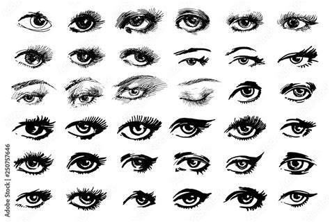 Beautiful woman eyes vector ink drawing. illustration. Black white Set ...