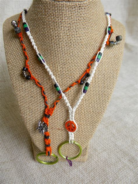 Macrame lanyards for fall, Halloween with skull beads, spider charm in black and orange, natural ...