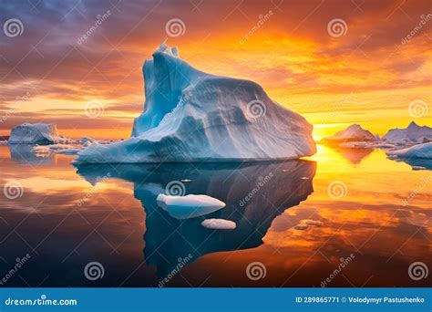 Large Iceberg Floating in the Ocean at Sunset with Bright Orange Sky ...