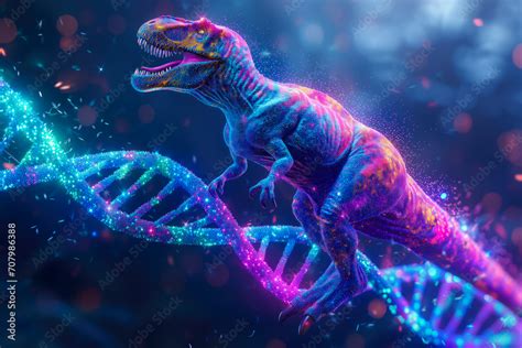 T-Rex dinosaur with DNA double helix, extinct prehistoric animal ...