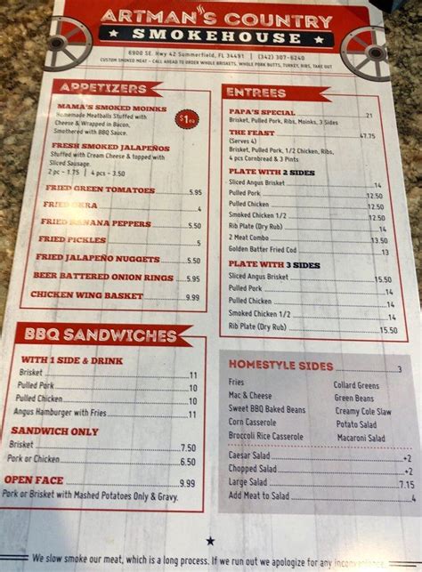 Menu at Artman Country Smokehouse BBQ, Summerfield