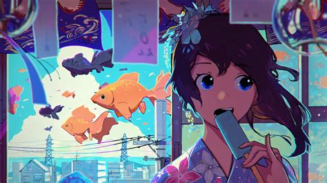 Kimono Anime Girl Eating Ice Cream Live Wallpaper - MoeWalls