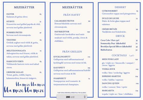 Menu at Blue Brunch & Bar, Gothenburg