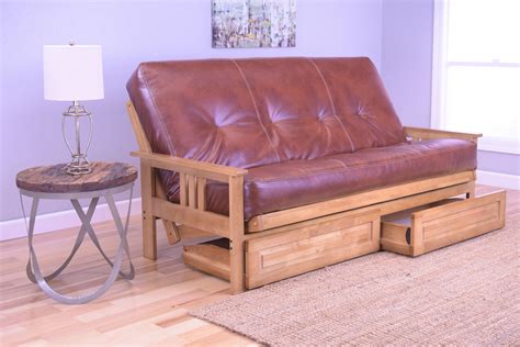 Andover Full Size Futon Sofa Bed and Drawer Set, Honey Oak Wood Frame ...