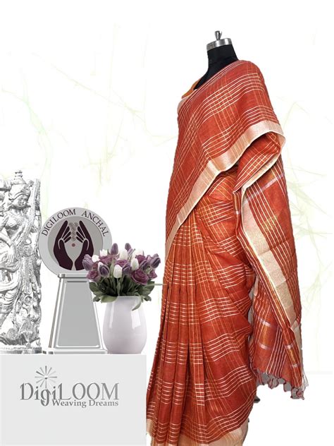 Digiloom Sindoori Red Handloom Linen Saree with a shine of Golden Zari - Digiloom