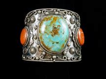 Kingman mine turquoise and coral cuff (SOLD)