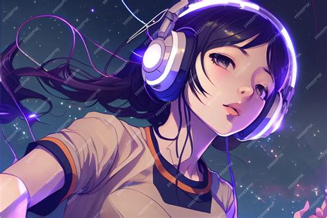 Anime girl dans un casque néon Generative AI | Photo Premium