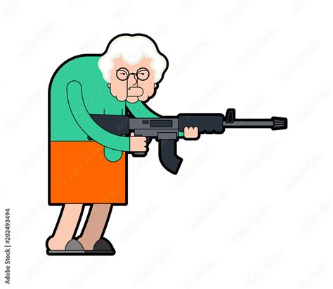 Grandmother and gun. Evil Grandma Gangster with weapon. Angry crime Old ...