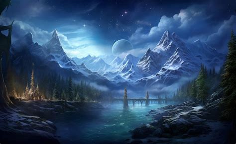 Premium AI Image | mountains and a river in a fantasy world with a bridge generative ai