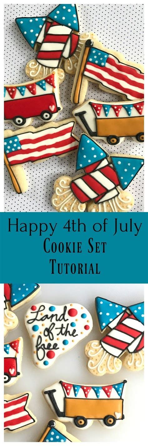 cookies decorated with the american flag are on display in front of a blue and white background