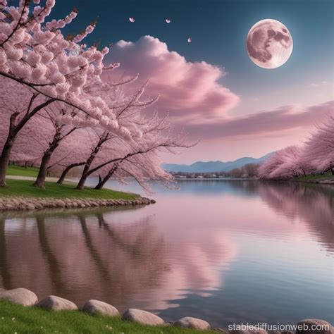 Epic Lake scene with Cherry Blossoms and Moon | Stable Diffusion Online