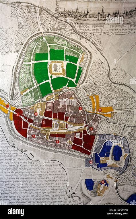 Historical map of Quedlinburg, 18th century, castle museum, Harz ...