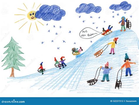 Sledding Kids on the Hill - Children Painting Stock Illustration ...