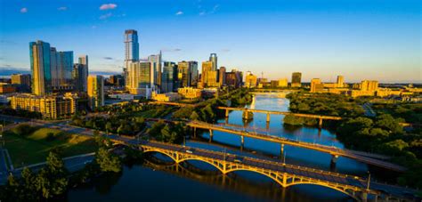 20+ Vivid Colorful Austin At Sunset Town Lake Bridge Skyline Stock ...