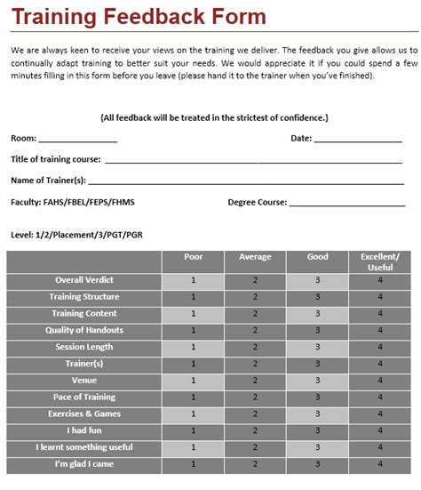 13 Free Sample Training Feedback Form - Printable Samples