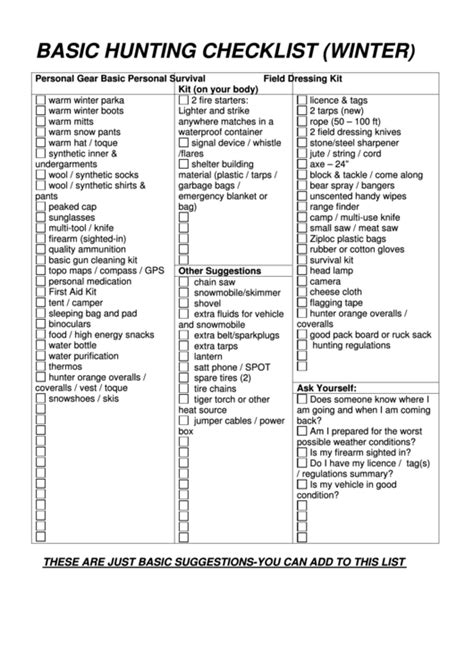 Basic Hunting Checklist (Winter) printable pdf download