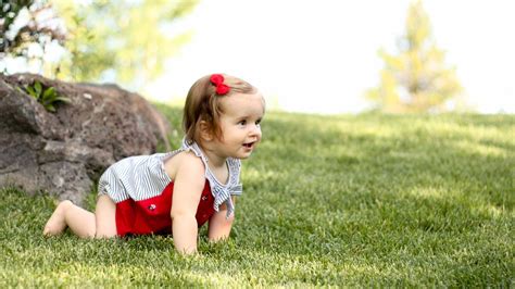 Cute Girl Child Baby Is Crawling On Green Grass Wearing Red White Dress ...