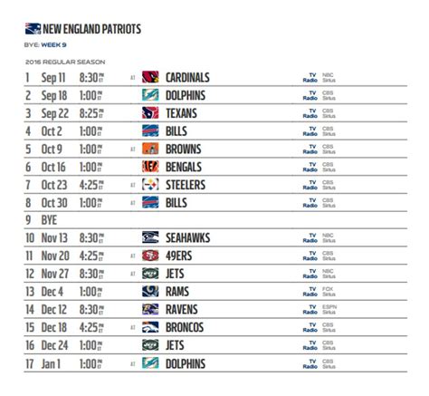 Patriots Printable Schedule