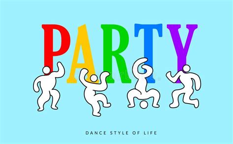 Party Design, the Inscription in Large Colorful Letters, Art Dancing Abstract People on Blue ...