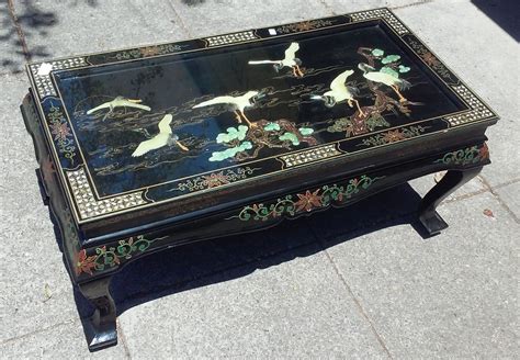 UHURU FURNITURE & COLLECTIBLES: SOLD #15907 Chinese Black Lacquer with Stone Inlay 20" x 40 ...