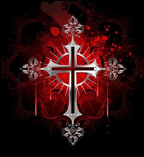 Jewelry, gothic silver cross on a black background decorated with a pattern by copyright and ...