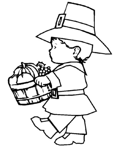 Thanksgiving Day Coloring Page Sheets - Pilgrim Boy with basket of ...