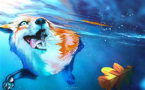 wallpaper fox, tongue protruding, water, under water, swim, art HD ...