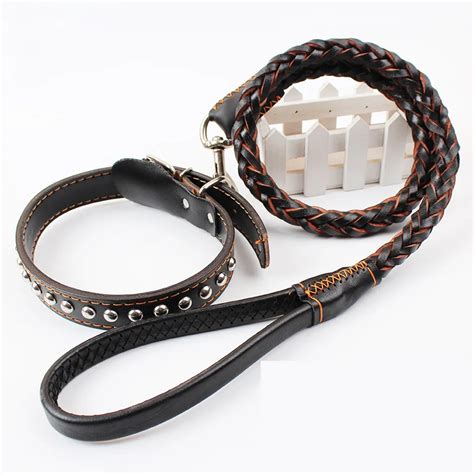 Genuine Leather Dog Leash Pet Supplies Rivet Dog Collar High Quality Adjustable Leash Dog ...