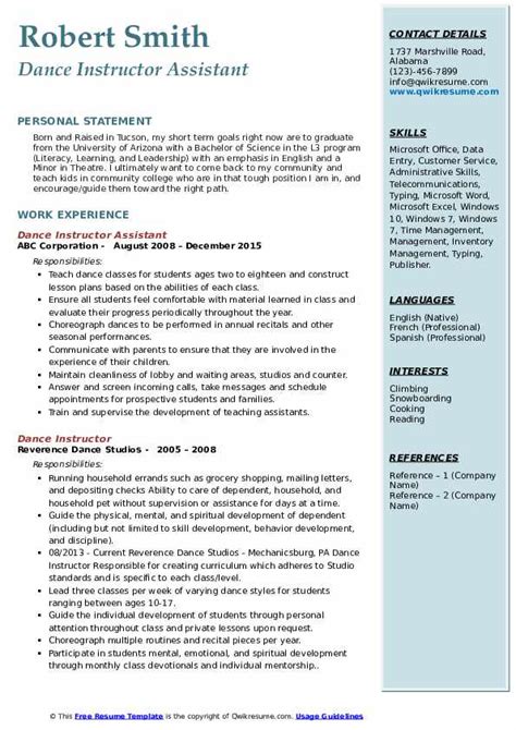 Dance Instructor Resume Samples | QwikResume