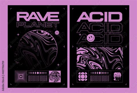 Abstract rave poster or flyer design template with abstract pink liquid acid textures and ...