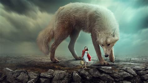 Red Riding Hood and the big bad wolf, creative, rafy-a, red riding hood, fantasy, HD wallpaper ...