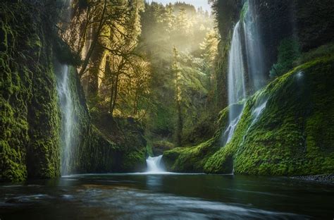 photography, Landscape, Nature, Waterfall, Moss, River, Forest, Morning, Sunlight, Sun rays ...