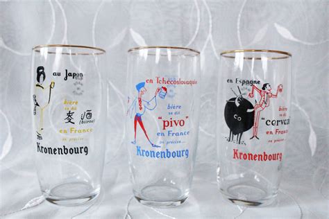 Three Vintage French Beer Glasses Drinking Glasses Made In France Kronenbourg Drinkware 200ml ...