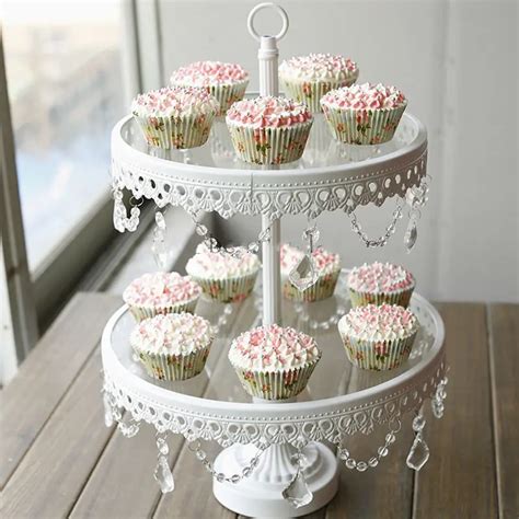 Glass cake stand 2 tier white iron cany cookie display tray table wedding party decoration ...