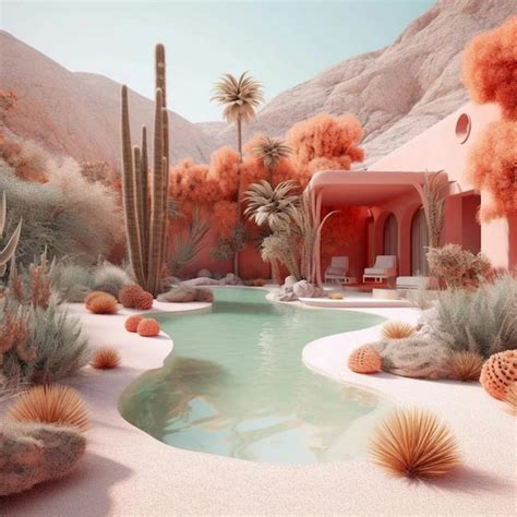 Premium Photo | A desert landscape with a pool and palm trees.