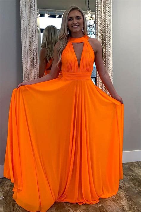 Pleated Halter Orange Prom Dresses Long Chiffon Skirt – loveangeldress