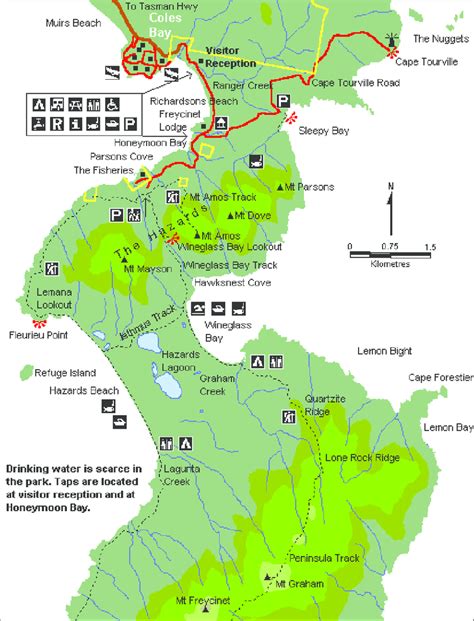 Map of Freycinet National Park, with walking tracks, key sites and some... | Download Scientific ...